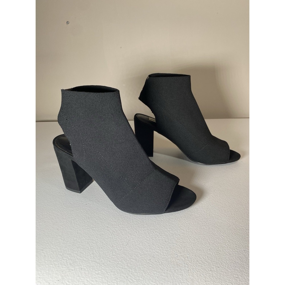 Steve Madden Heels Womens 6M Sock Ankle Bootie Black Stretch Block Peep‎ Toe
